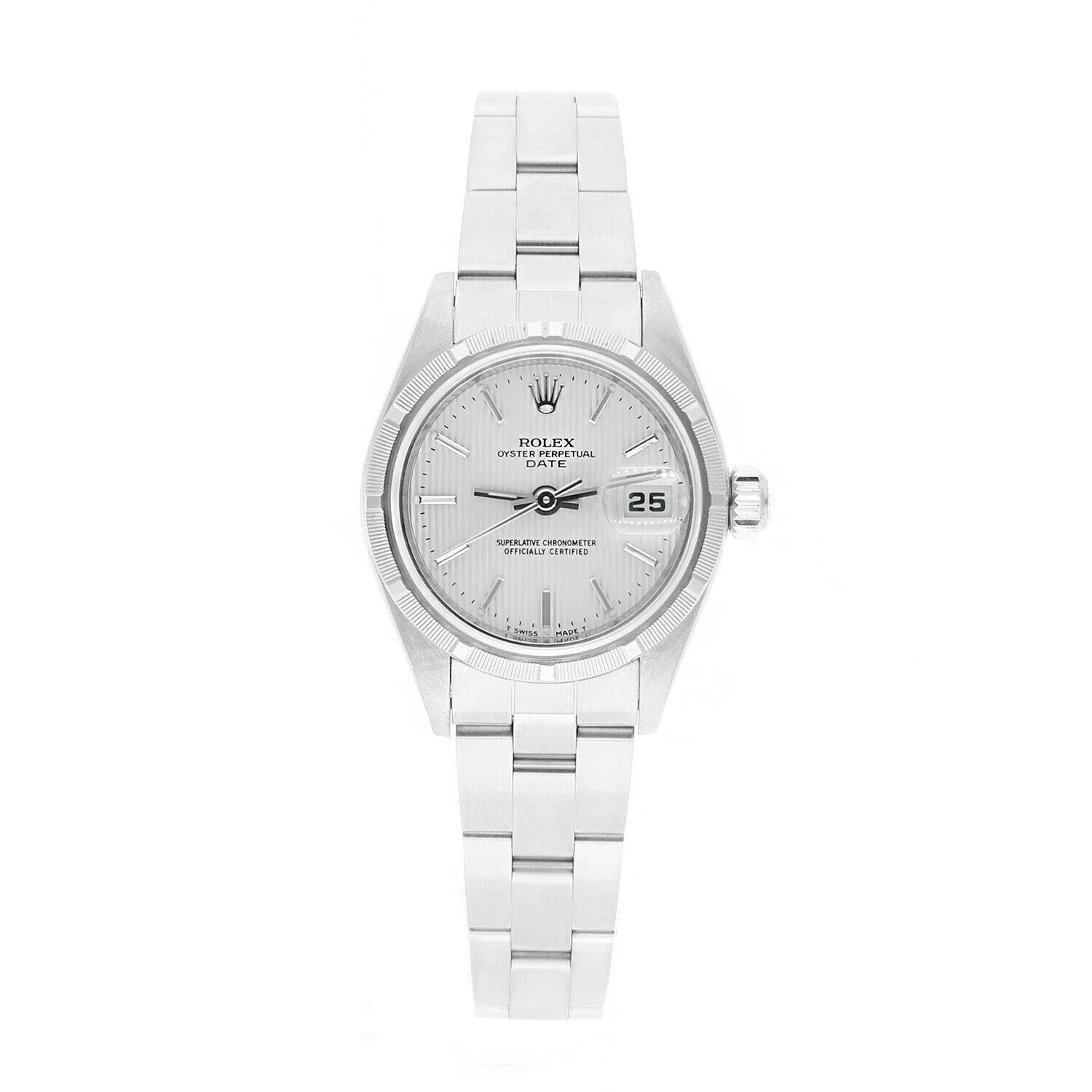 Rolex Date Silver Dial Oyster Bracelet Stainless Steel Ladies Watch 79190, Circa 1999.
This watch has been professionally polished, serviced and is in excellent overall condition. There are absolutely no visible scratches or blemishes. All parts are