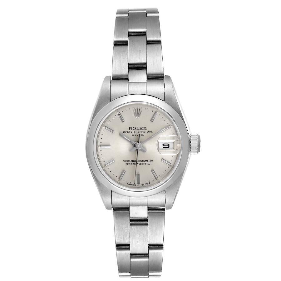 Rolex Date Silver Dial Oyster Bracelet Steel Ladies Watch 69160. Officially certified chronometer self-winding movement. Stainless steel oyster case 26.0 mm in diameter. Rolex logo on a crown. Stainless steel smooth bezel. Scratch resistant sapphire