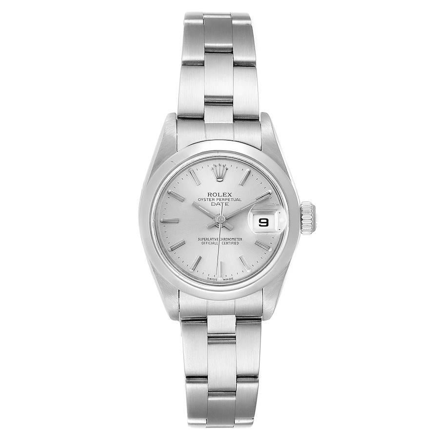 Rolex Date Silver Dial Oyster Bracelet Steel Ladies Watch 79160. Officially certified chronometer self-winding movement. Stainless steel oyster case 25.0 mm in diameter. Rolex logo on a crown. Stainless steel smooth bezel. Scratch resistant sapphire