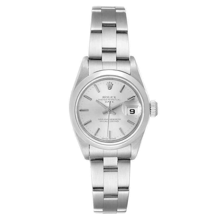 Rolex Date Silver Dial Oyster Bracelet Steel Ladies Watch 79160 Papers. Officially certified chronometer self-winding movement. Stainless steel oyster case 25.0 mm in diameter. Rolex logo on a crown. Stainless steel smooth bezel. Scratch resistant