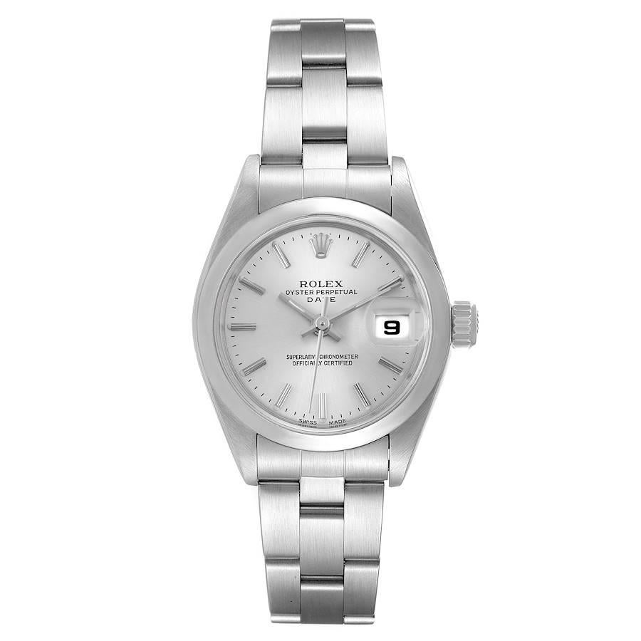 Rolex Date Silver Dial Oyster Bracelet Steel Ladies Watch 79160 Papers. Officially certified chronometer self-winding movement. Stainless steel oyster case 26.0 mm in diameter. Rolex logo on a crown. Stainless steel smooth bezel. Scratch resistant