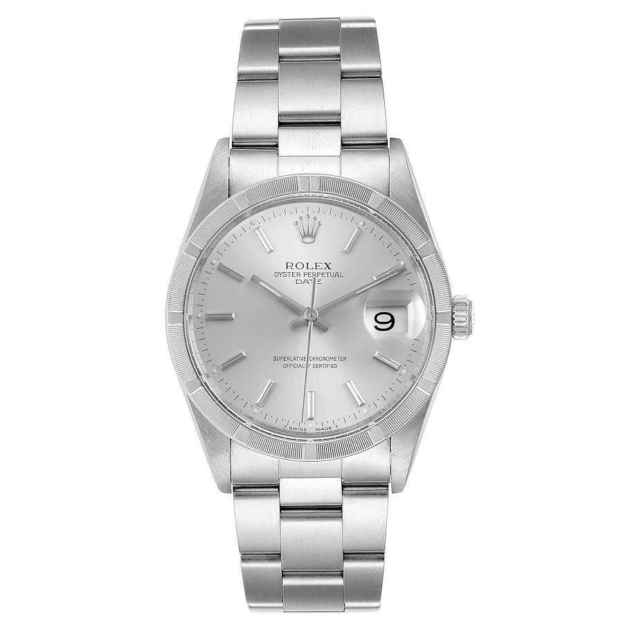 Rolex Date Silver Dial Oyster Bracelet Steel Mens Watch 15210 Box Papers. Officially certified chronometer self-winding movement with quickset date. Stainless steel case 34.0 mm in diameter. Rolex logo on a crown. Stainless steel engine turned