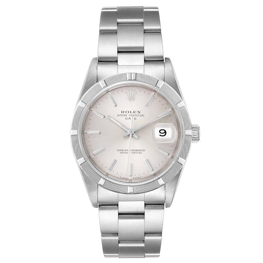 Rolex Date Silver Dial Oyster Bracelet Steel Mens Watch 15210. Officially certified chronometer self-winding movement with quickset date. Stainless steel case 34.0 mm in diameter. Rolex logo on a crown. Stainless steel engine turned bezel. Scratch