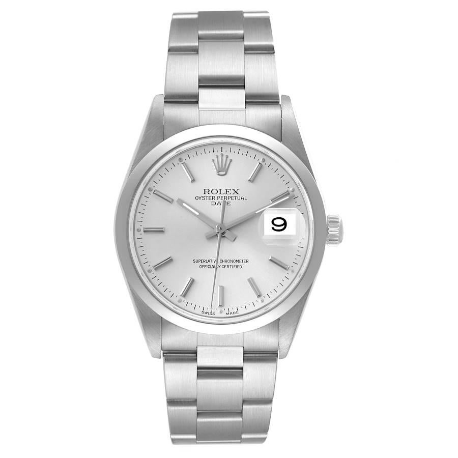Rolex Date Silver Dial Smooth Bezel Steel Mens Watch 15200 Box Papers. Officially certified chronometer automatic self-winding movement. Stainless steel oyster case 34 mm in diameter. Rolex logo on the crown. Stainless steel smooth domed bezel.