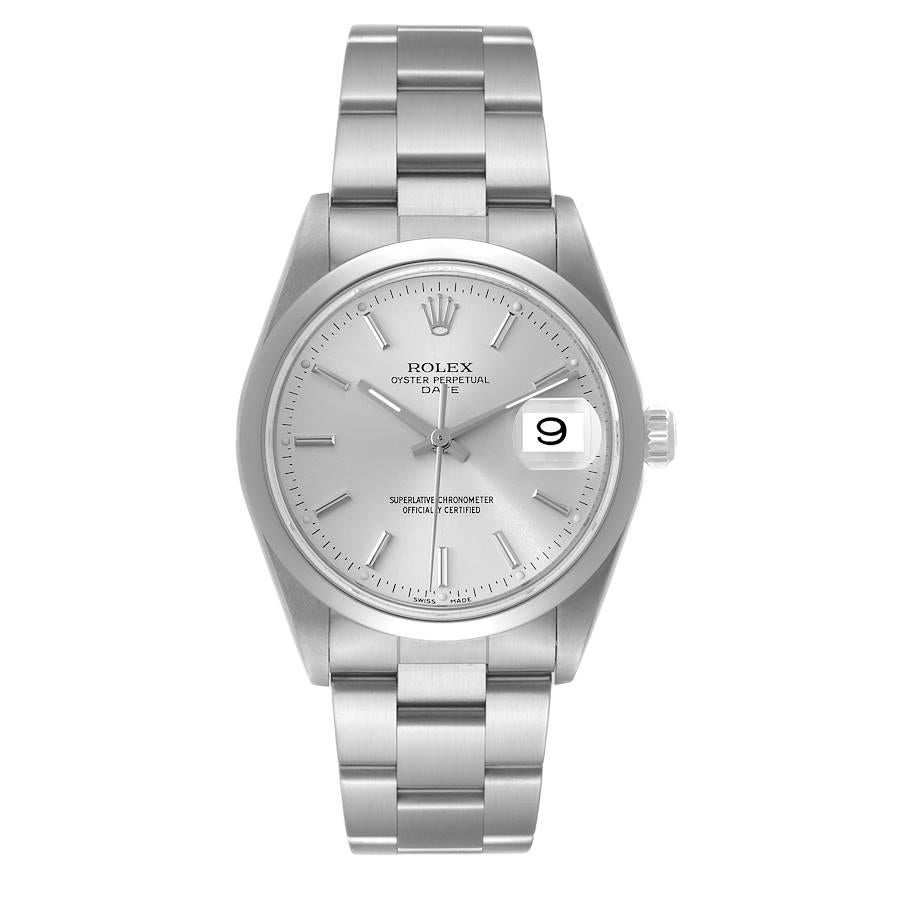 Rolex Date Silver Dial Smooth Bezel Steel Mens Watch 15200 Papers. Officially certified chronometer automatic self-winding movement. Stainless steel oyster case 34 mm in diameter. Rolex logo on the crown. Stainless steel smooth domed bezel. Scratch