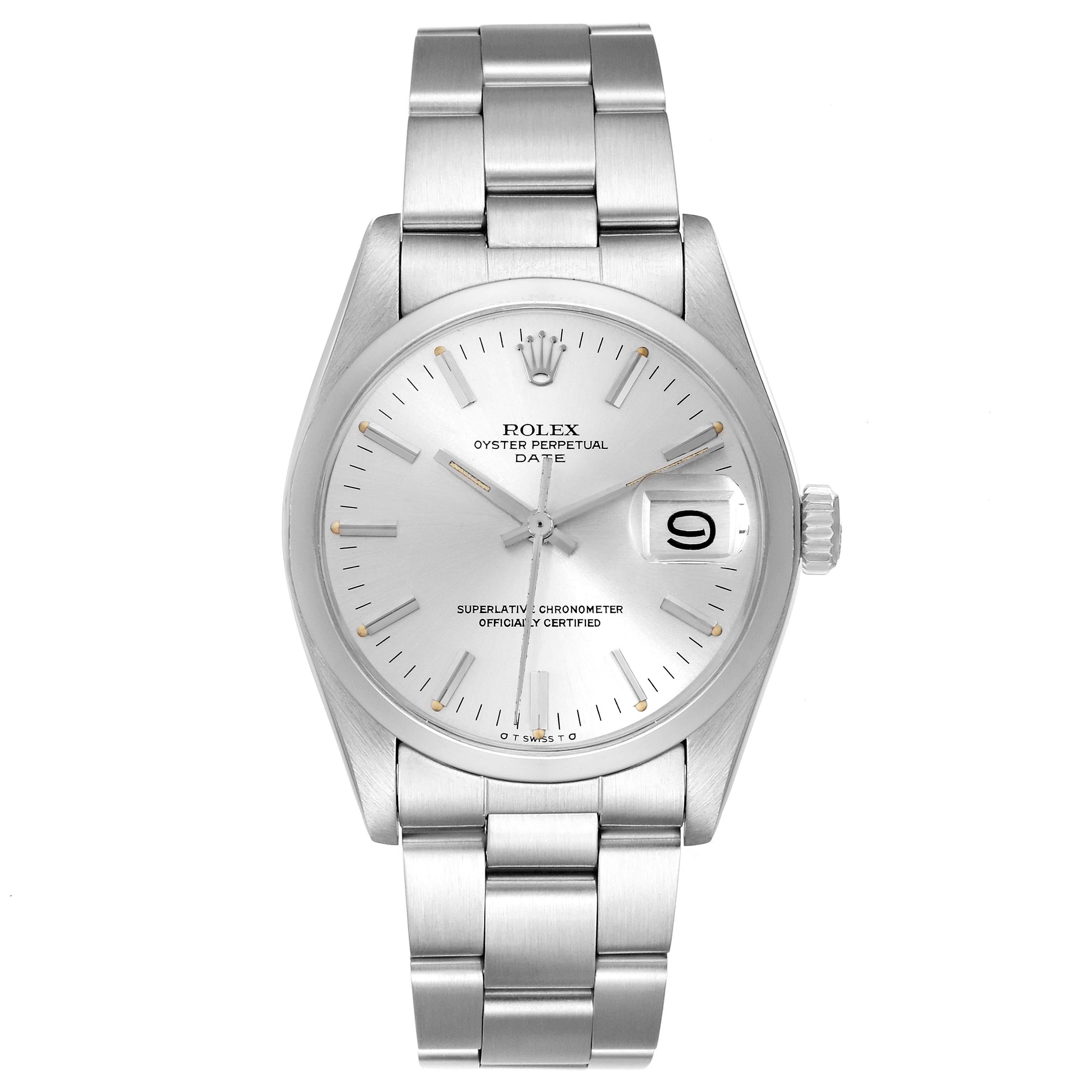 Rolex Date Silver Dial Vintage Steel Mens Watch 1500. Officially certified chronometer automatic self-winding movement. Stainless steel oyster case 34.0 mm in diameter. Rolex logo on the crown. Stainless steel smooth bezel. Acrylic crystal with