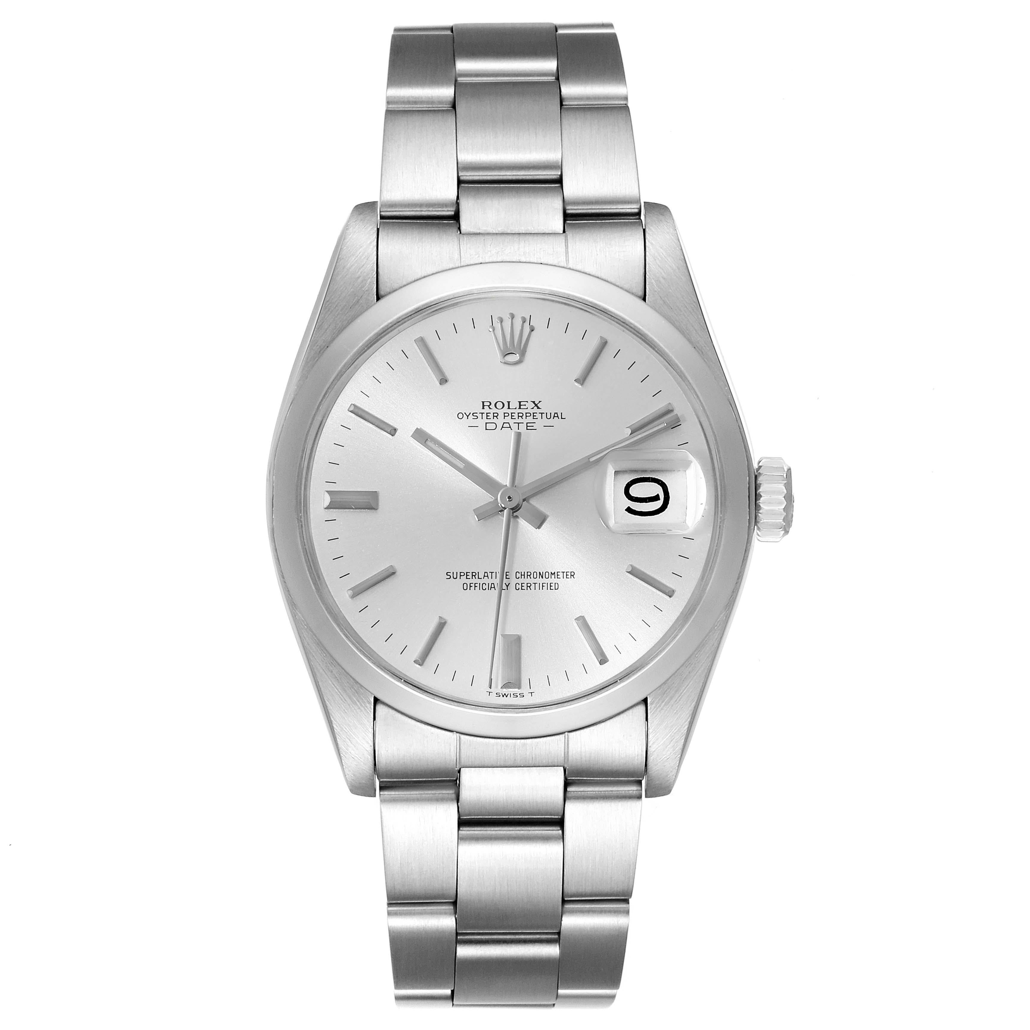 Rolex Date Silver Dial Vintage Steel Mens Watch 1500. Officially certified chronometer automatic self-winding movement. Stainless steel oyster case 34.0 mm in diameter. Rolex logo on the crown. Stainless steel smooth bezel. Acrylic crystal with