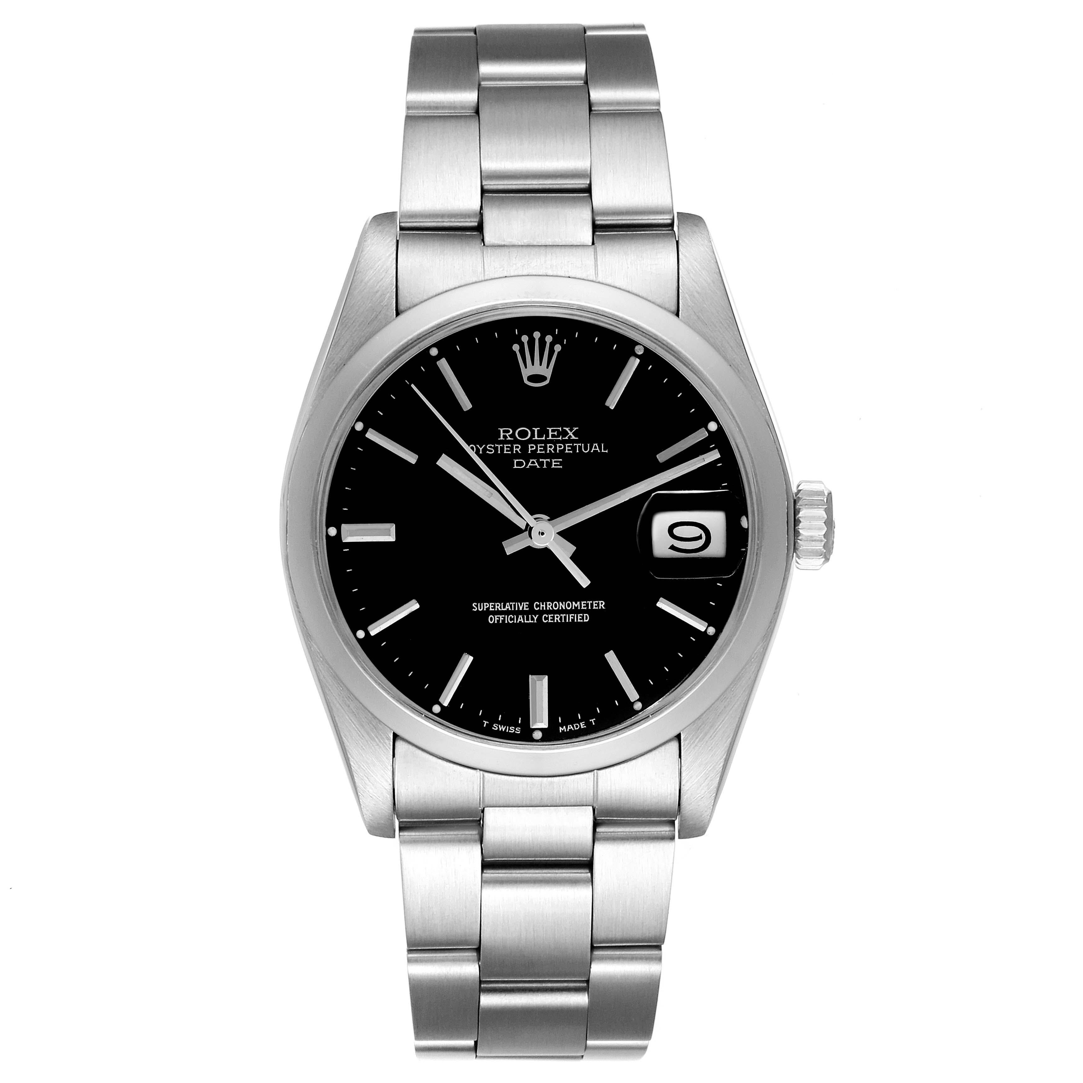 Rolex Date Smooth Bezel Black Dial Steel Vintage Mens Watch 1500. Officially certified chronometer automatic self-winding movement. Stainless steel oyster case 35.0 mm in diameter. Rolex logo on a crown. Stainless steel smooth domed bezel. Acrylic