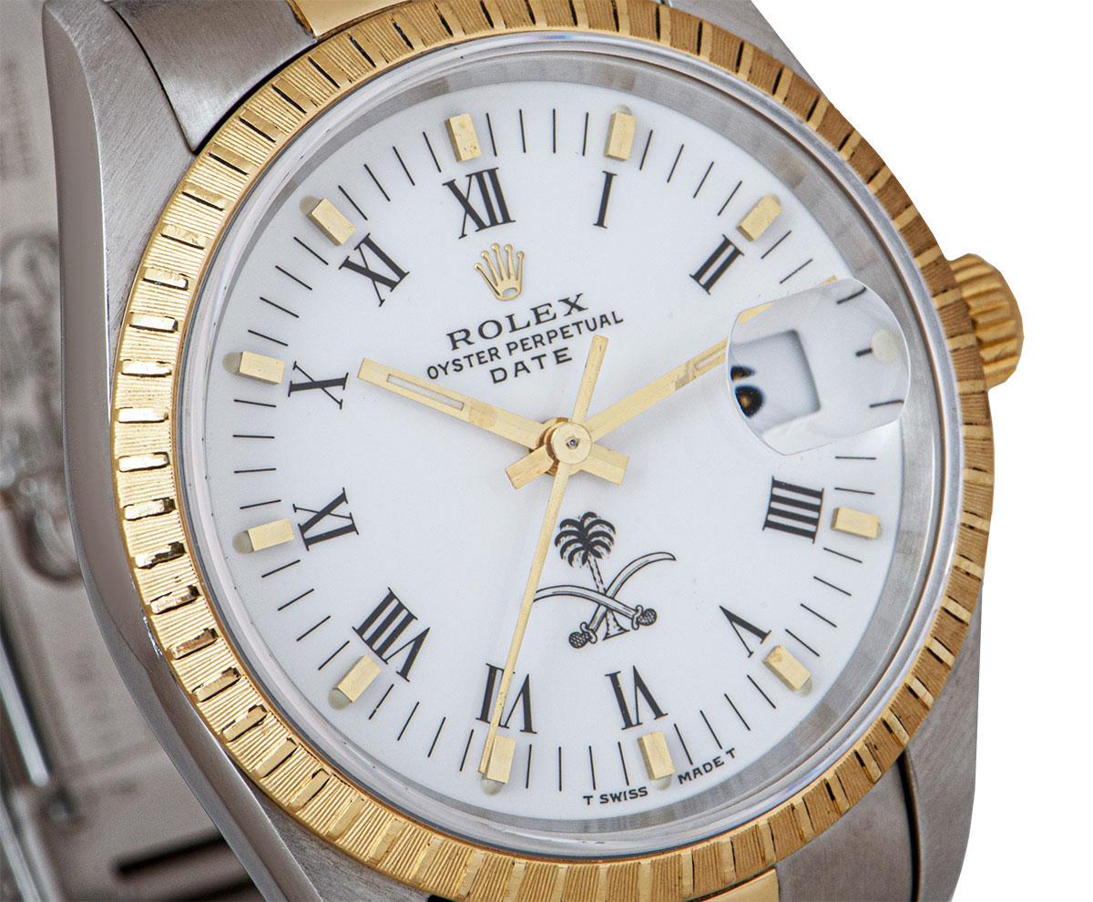 Rolex Date Edelstahl und 18 Karat Gold weißes Saudi-Arabien Wappen Zifferblatt Herren