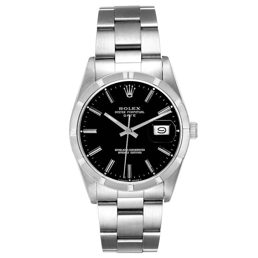 Rolex Date Stainless Steel Black Dial Vintage Mens Watch 15010. Officially certified chronometer self-winding movement. Stainless steel oyster case 34.0 mm in diameter. Rolex logo on a crown. Stainless steel engined turned bezel. Acrylic crystal