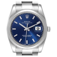 Rolex Date Stainless Steel Blue Baton Dial Mens Watch 115200 Box Card