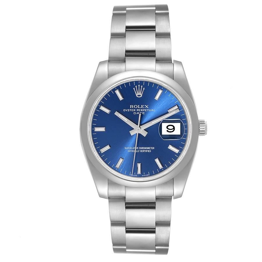 Rolex Date Stainless Steel Blue Baton Dial Mens Watch 115200. Officially certified chronometer self-winding movement with quickset date. Stainless steel case 34.0 mm in diameter. Rolex logo on a crown. Stainless steel smooth bezel. Scratch resistant