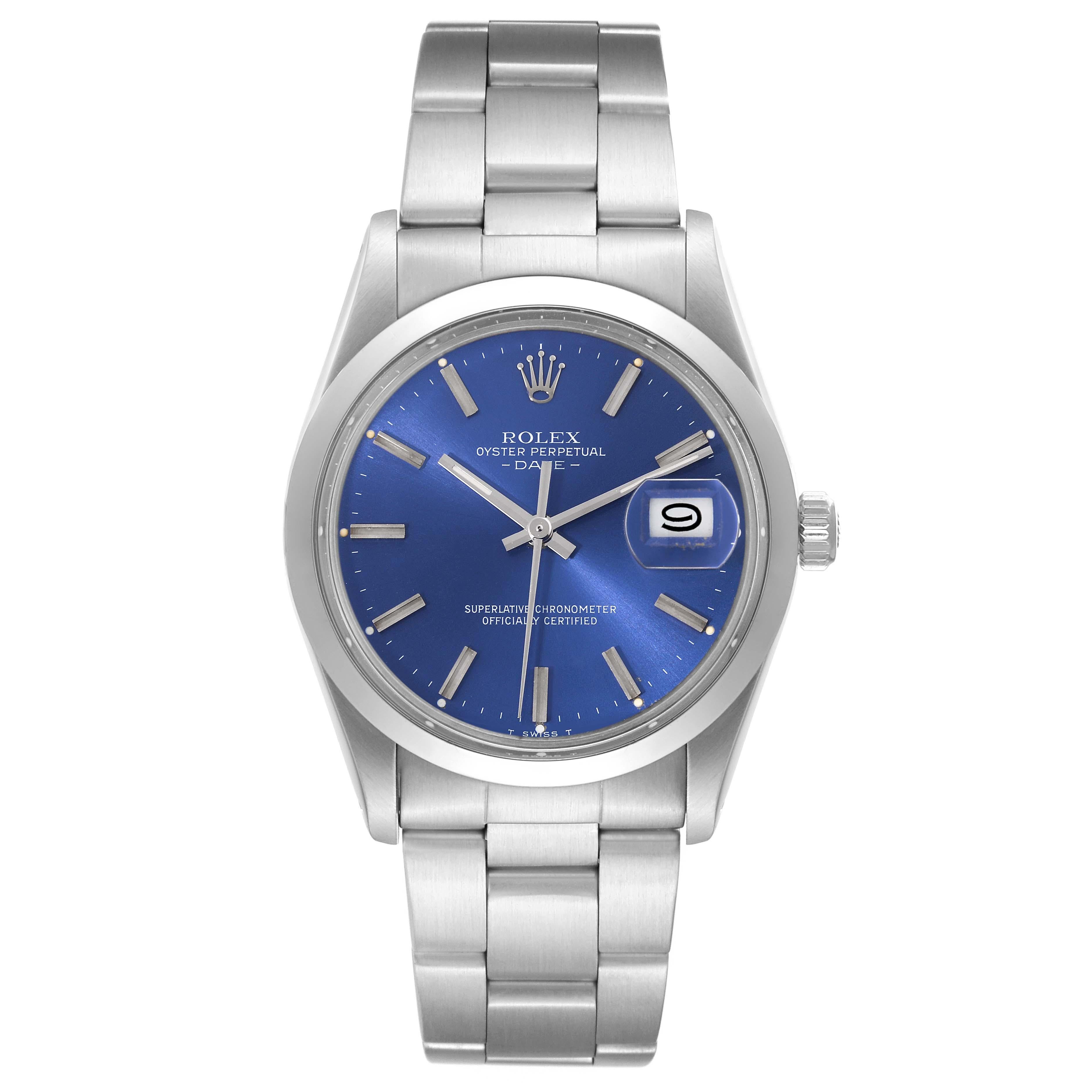 Rolex Date Stainless Steel Blue Dial Vintage Mens Watch 15000. Officially certified chronometer automatic self-winding movement. Stainless steel oyster case 34.0 mm in diameter. Rolex logo on the crown. Stainless steel smooth bezel. Acrylic crystal