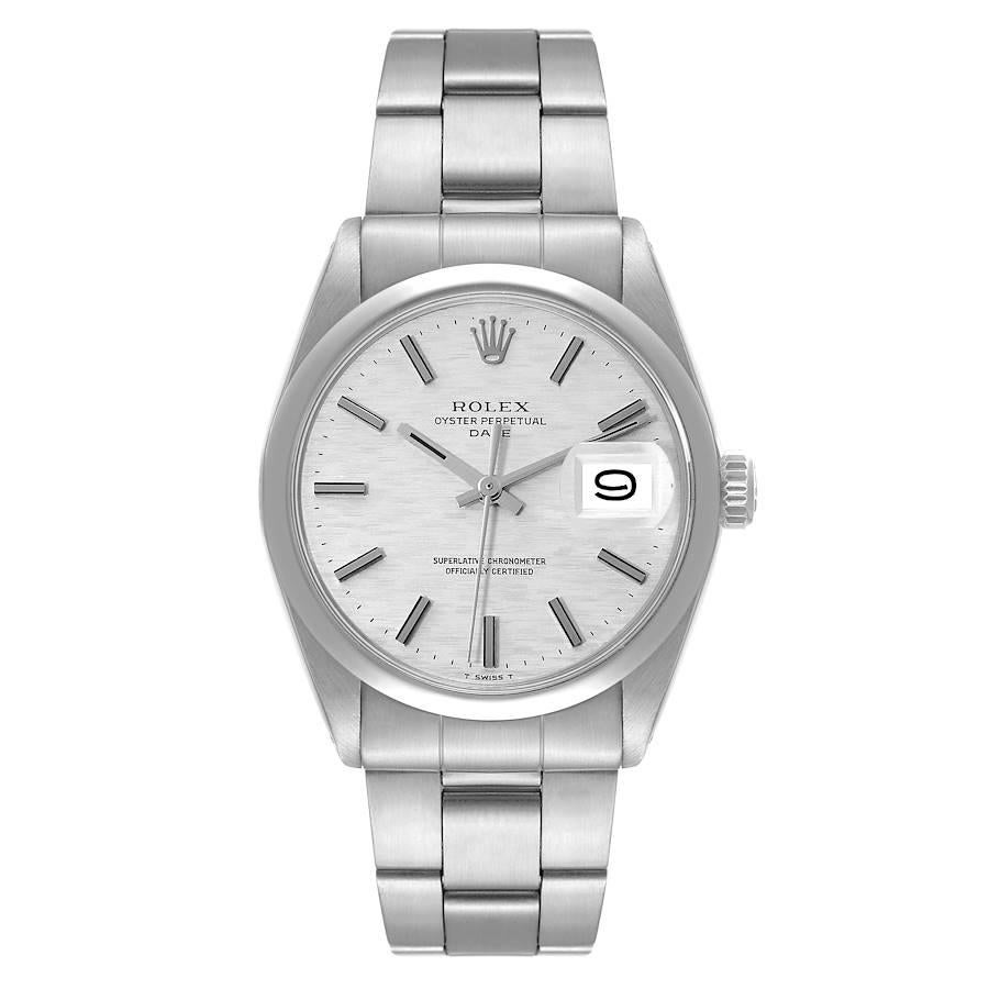 Rolex Date Stainless Steel Silver Brick Dial Vintage Mens Watch 1500. Officially certified chronometer automatic self-winding movement. Stainless steel oyster case 34.0 mm in diameter. Rolex logo on the crown. Stainless steel smooth bezel. Acrylic