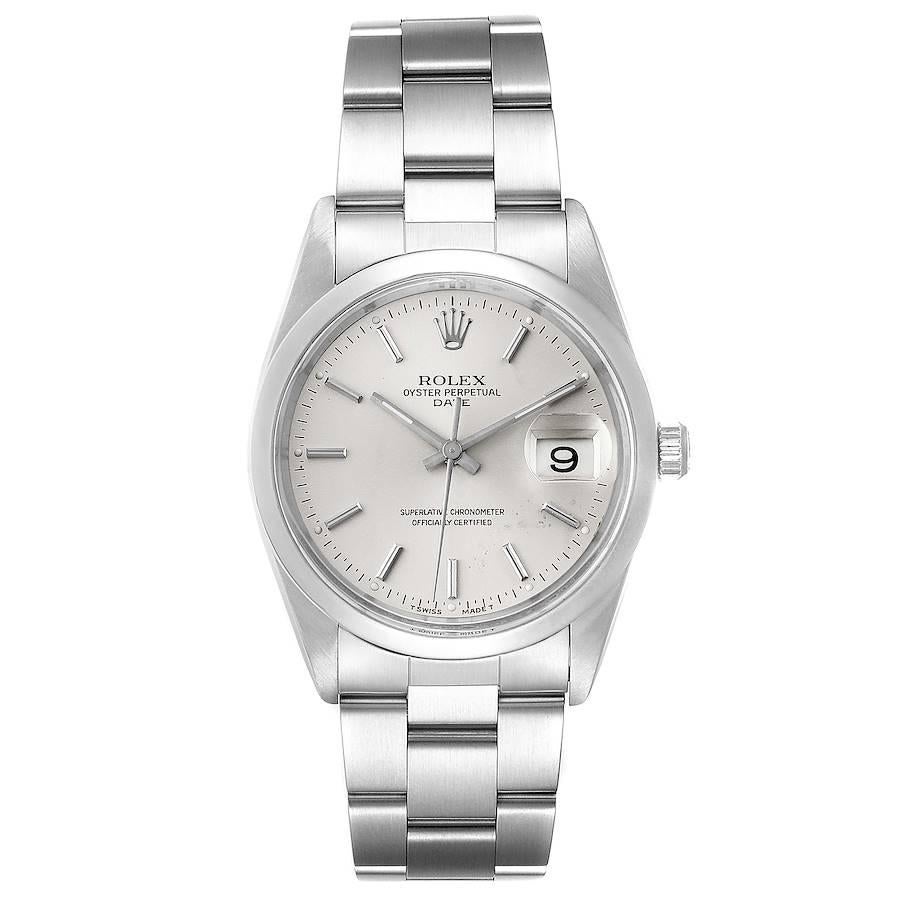 Rolex Date Stainless Steel Silver Dial Mens Watch 15000. Officially certified chronometer self-winding movement. Stainless steel oyster case 34.0 mm in diameter. Rolex logo on a crown. Stainless steel smooth bezel. Scratch resistant sapphire