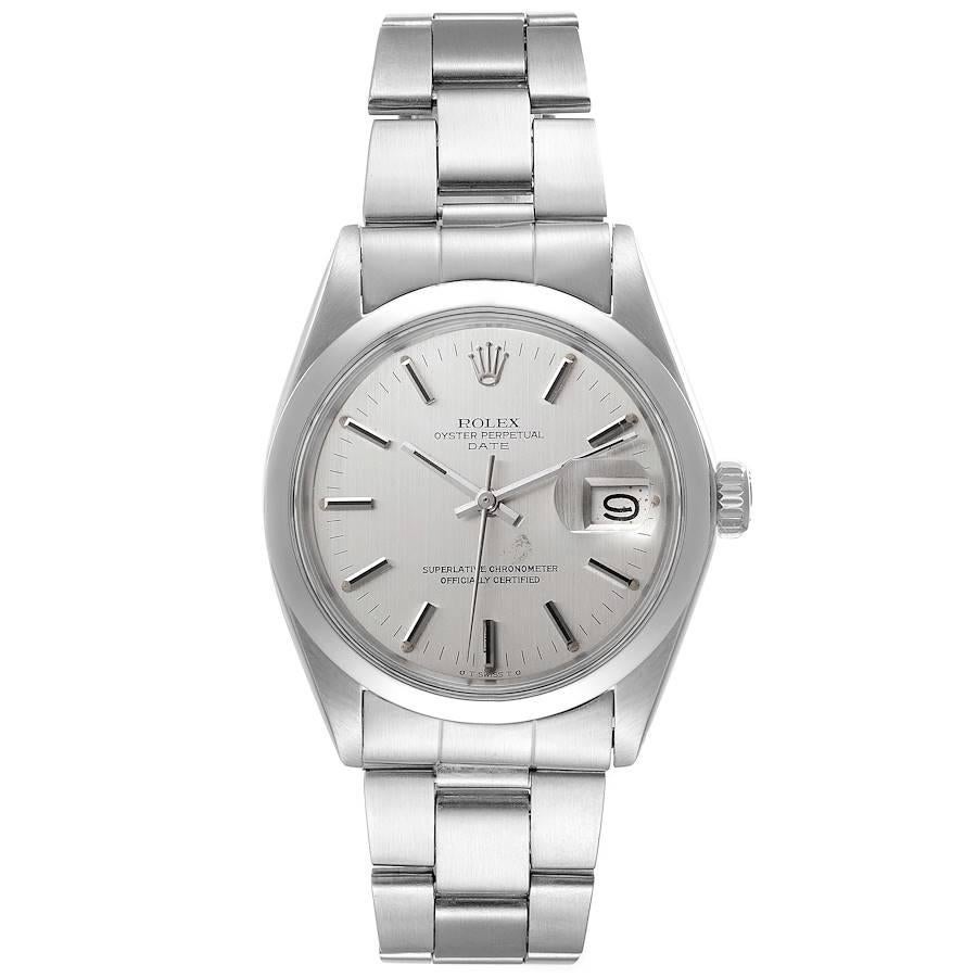 Rolex Date Stainless Steel Silver Dial Vintage Mens Watch 1500. Officially certified chronometer self-winding movement. Stainless steel oyster case 34.0 mm in diameter. Rolex logo on a crown. Stainless steel smooth bezel. Acrylic crystal with