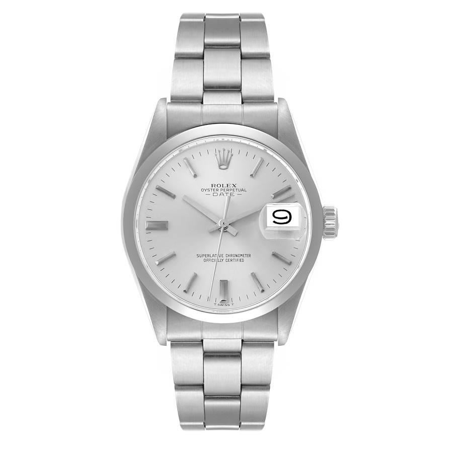Rolex Date Stainless Steel Silver Dial Vintage Mens Watch 1500. Officially certified chronometer automatic self-winding movement. Stainless steel oyster case 34.0 mm in diameter. Rolex logo on the crown. Stainless steel smooth bezel. Acrylic crystal