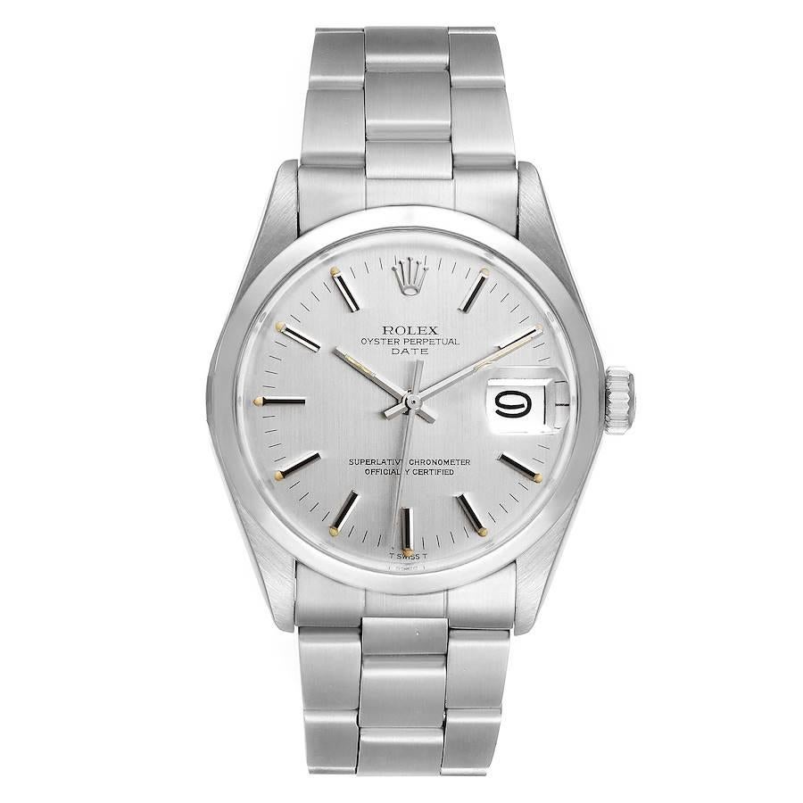 Rolex Date Stainless Steel Silver Dial Vintage Mens Watch 1500 Papers. Officially certified chronometer self-winding movement. Stainless steel oyster case 34.0 mm in diameter. Rolex logo on a crown. Stainless steel smooth bezel. Acrylic crystal with