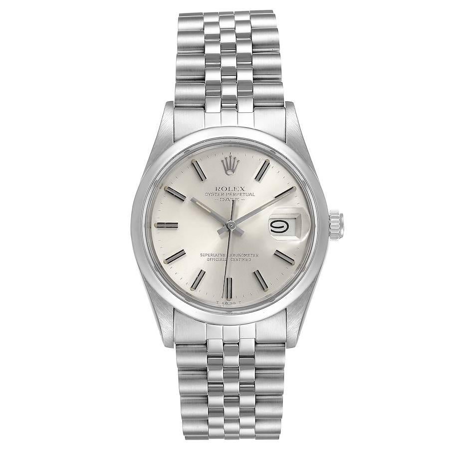 Rolex Date Stainless Steel Silver Dial Vintage Mens Watch 15000. Officially certified chronometer self-winding movement. Stainless steel oyster case 34.0 mm in diameter. Rolex logo on a crown. Stainless steel smooth bezel. Acrylic crystal with