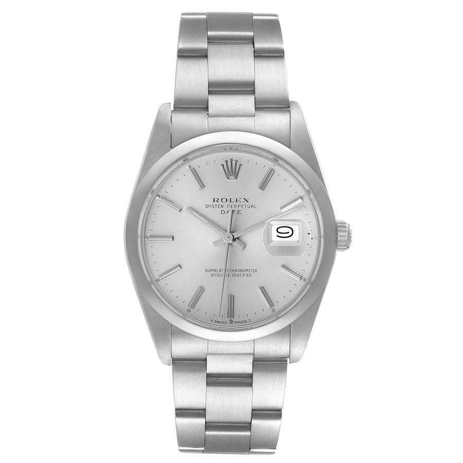 Rolex Date Stainless Steel Silver Dial Vintage Mens Watch 15000. Officially certified chronometer self-winding movement. Stainless steel oyster case 34.0 mm in diameter. Rolex logo on a crown. Stainless steel smooth bezel. Acrylic crystal with