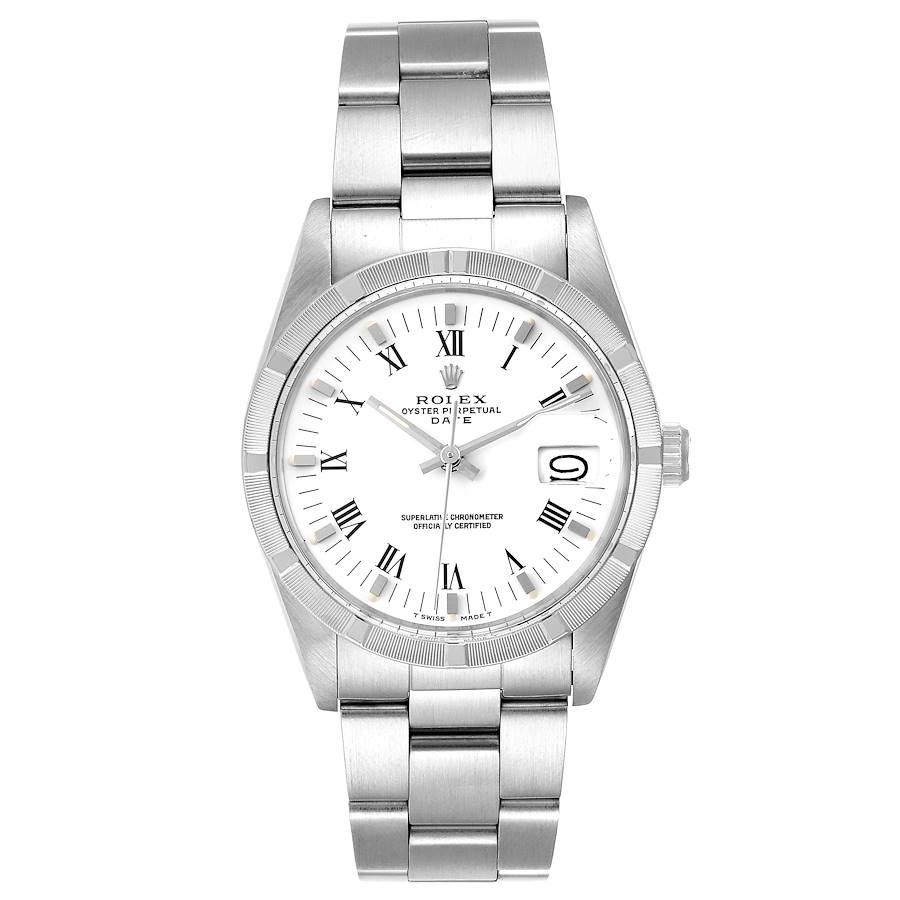 Rolex Date Stainless Steel Silver Dial Vintage Mens Watch 15010 Box. Officially certified chronometer self-winding movement. Stainless steel oyster case 34.0 mm in diameter. Rolex logo on a crown. Stainless steel engined turned bezel. Acrylic