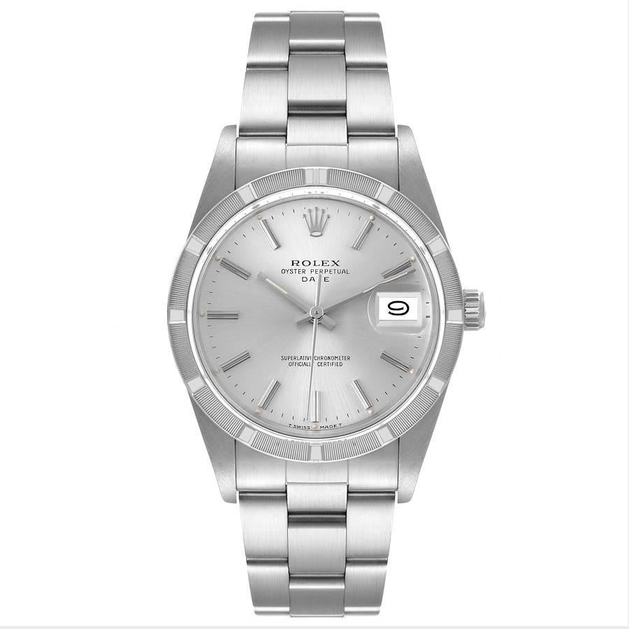 Rolex Date Stainless Steel Silver Dial Vintage Mens Watch 15010 Box Papers. Officially certified chronometer self-winding movement. Stainless steel oyster case 34.0 mm in diameter. Rolex logo on a crown. Stainless steel engine turned bezel. Acrylic