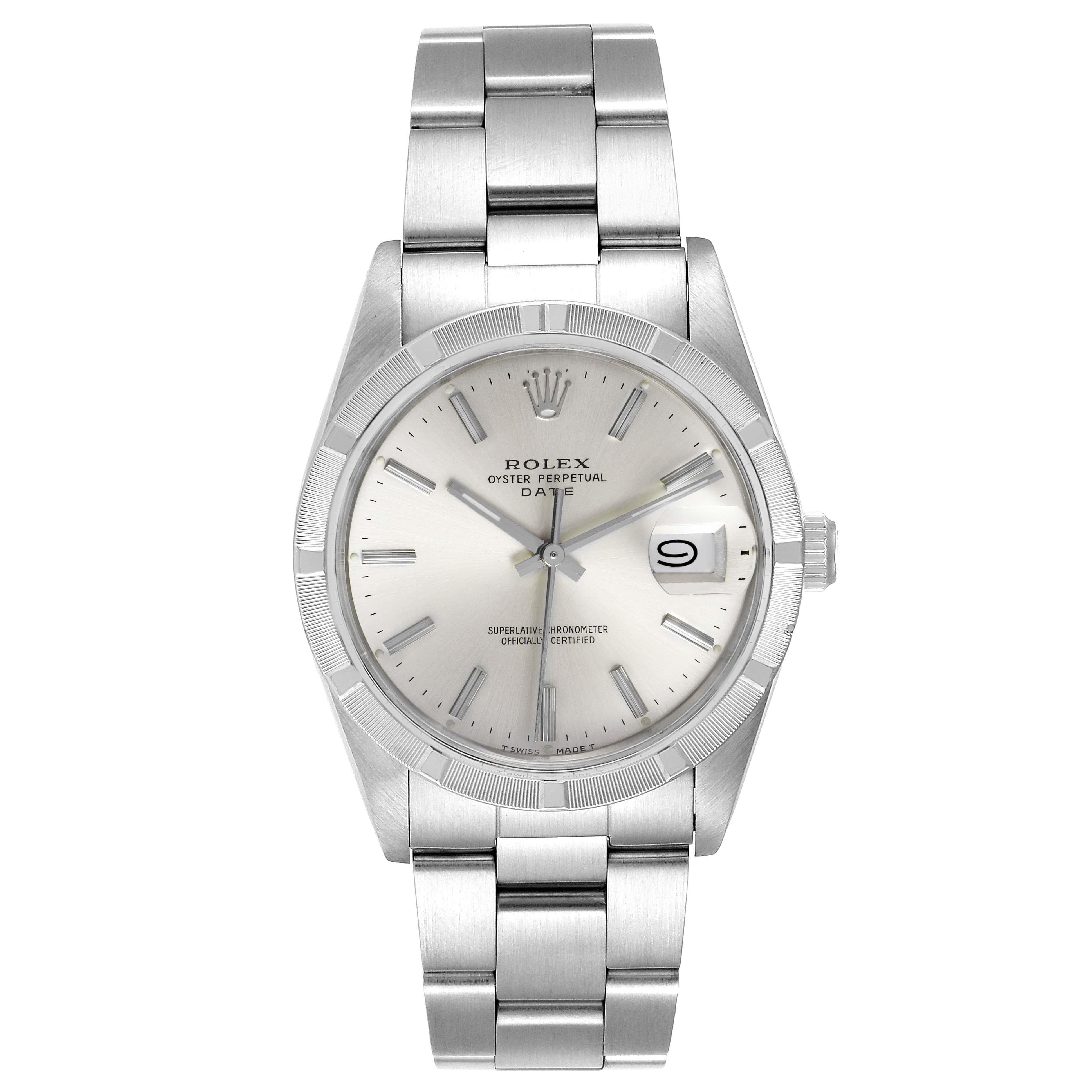 Rolex Date Stainless Steel Silver Dial Vintage Mens Watch 15010. Officially certified chronometer self-winding movement. Stainless steel oyster case 34.0 mm in diameter. Rolex logo on a crown. Stainless steel engined turned bezel. Acrylic crystal