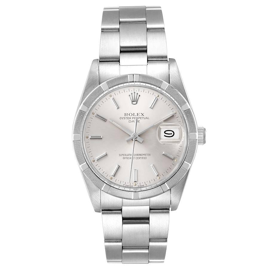 Rolex Date Stainless Steel Silver Dial Vintage Mens Watch 15010. Officially certified chronometer self-winding movement. Stainless steel oyster case 34.0 mm in diameter. Rolex logo on a crown. Stainless steel engined turned bezel. Acrylic crystal