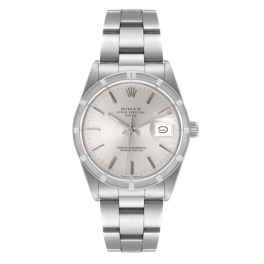 Rolex Date Stainless Steel Silver Dial Vintage Mens Watch 15010. Officially certified chronometer self-winding movement. Stainless steel oyster case 34.0 mm in diameter. Rolex logo on a crown. Stainless steel engined turned bezel. Acrylic crystal