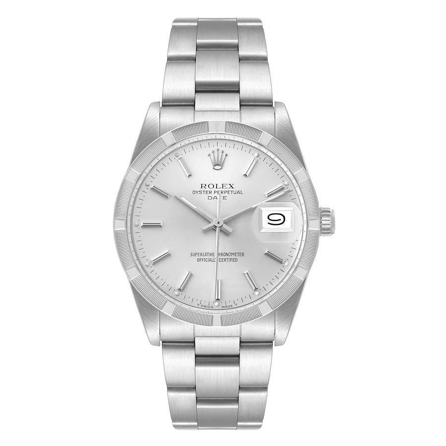Rolex Date Stainless Steel Silver Dial Vintage Mens Watch 15010. Officially certified chronometer self-winding movement. Stainless steel oyster case 34.0 mm in diameter. Rolex logo on the crown. Stainless steel engine turned bezel. Acrylic crystal