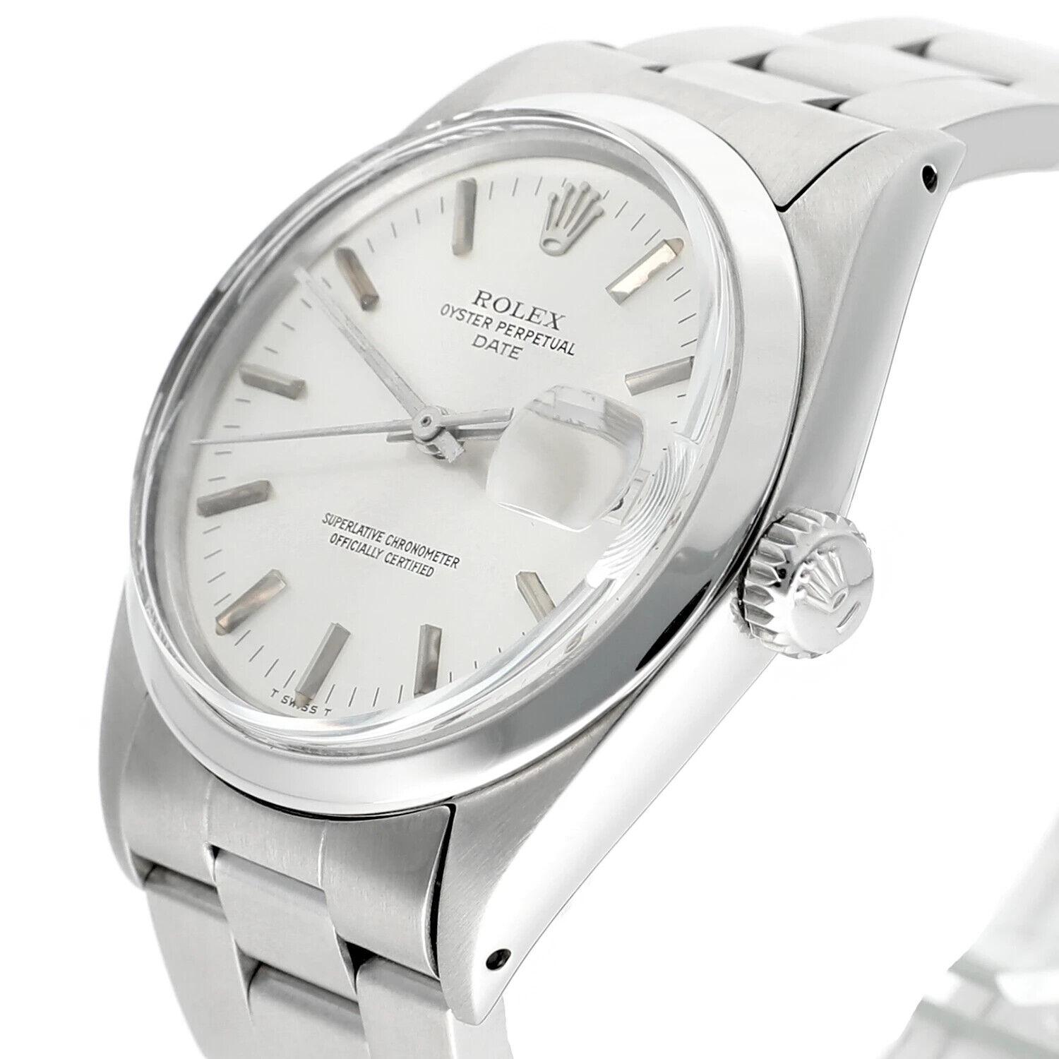 Rolex Date Stainless Steel Watch Silver Dial Oyster 1500. This watch has been professionally polished and is in perfect working condition. Comes with a jewelry box and appraisal certificate.  Authenticity guaranteed! 

This model features non-quick