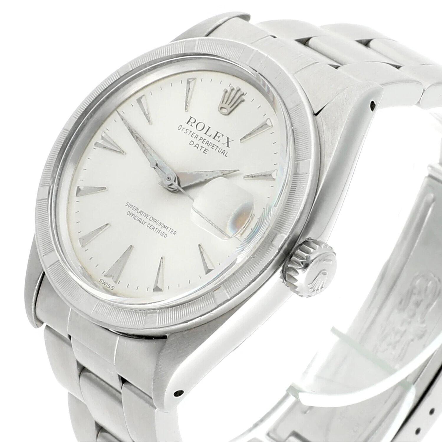 Rolex Date Stainless Steel Watch Silver Dial Oyster 1501, 1952 year. This watch has been professionally polished and is in perfect working condition. All parts are 100% Rolex.  This model features non-quick movement. Comes with a jewelry box and