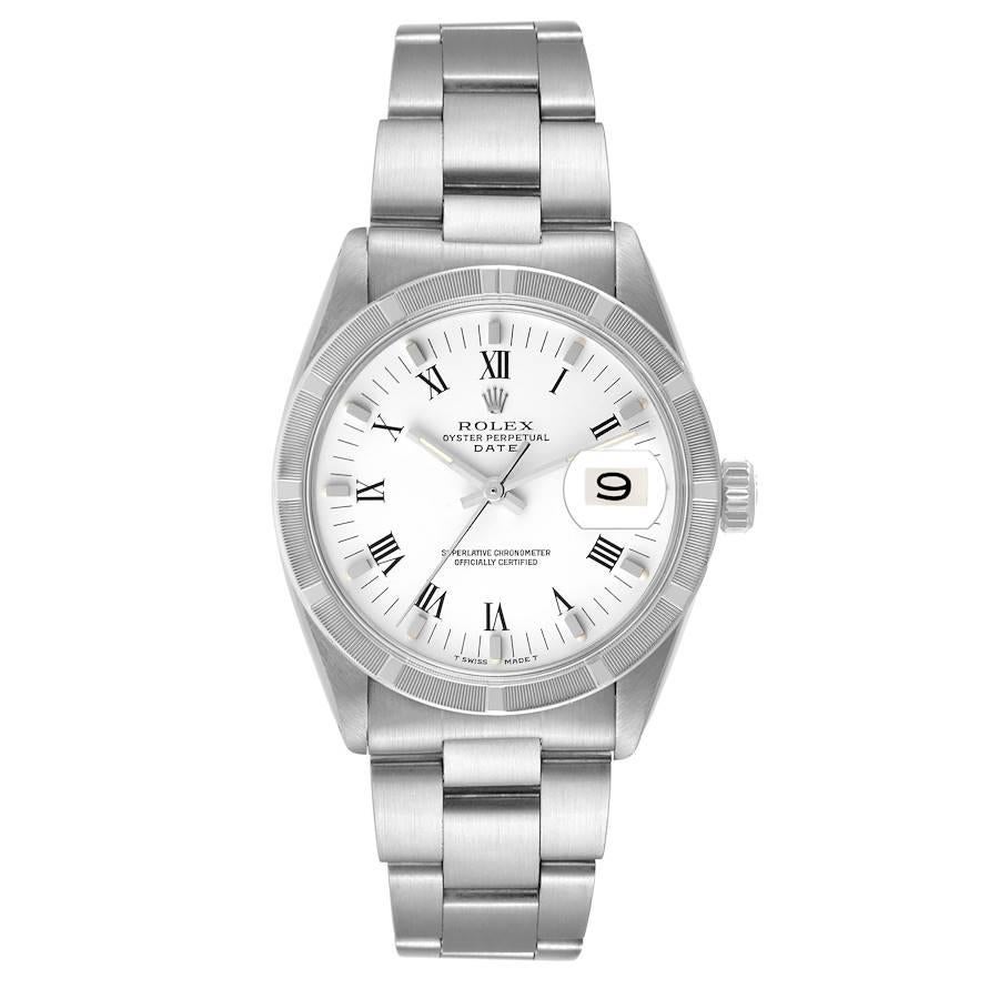 Rolex Date Stainless Steel White Dial Vintage Mens Watch 1501. Officially certified chronometer self-winding movement. Stainless steel oyster case 34.0 mm in diameter. Rolex logo on a crown. Stainless steel engine turned bezel. Acrylic crystal with