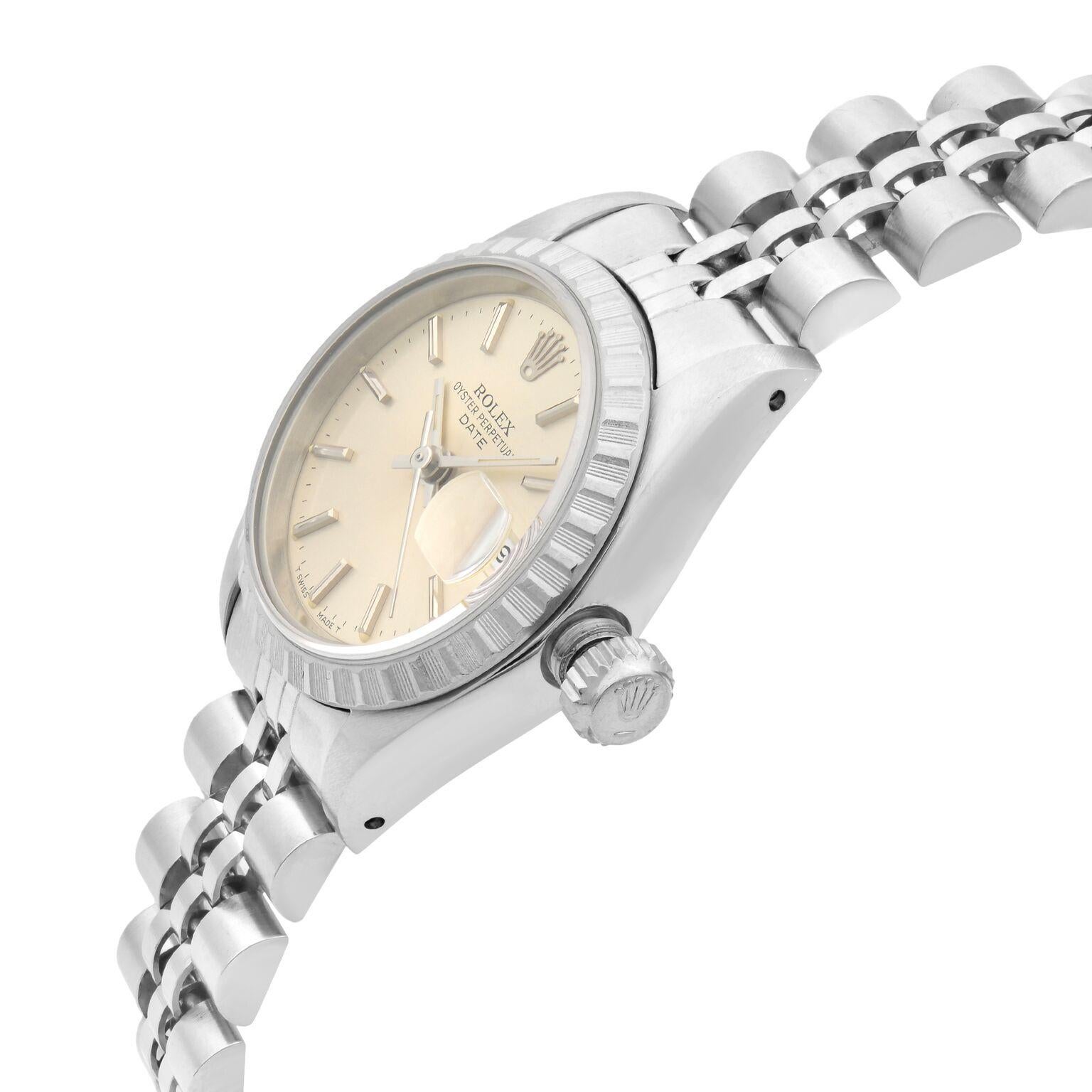 Modern Rolex Date Steel Engine Turned Bezel Silver Dial Automatic Ladies Watch 69240