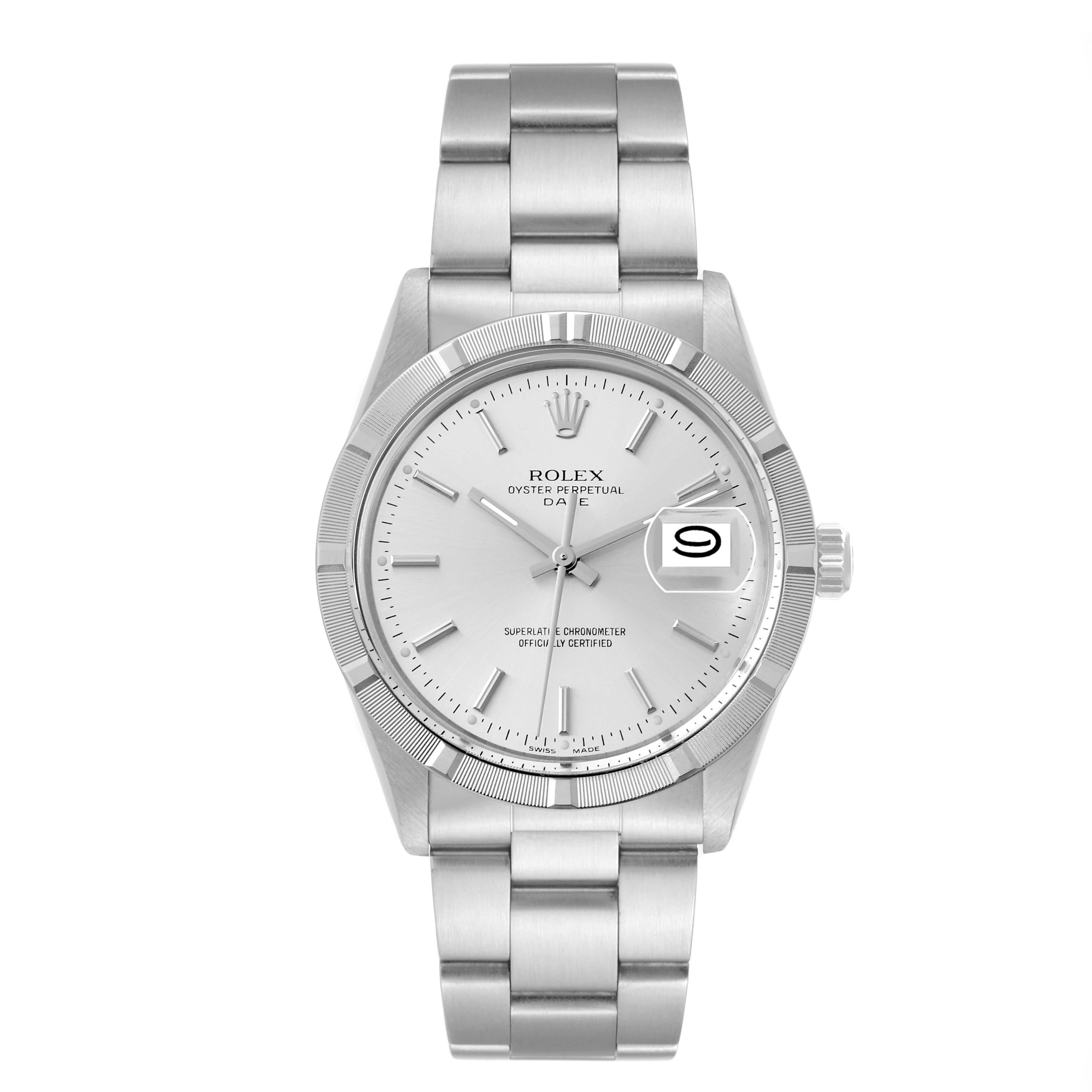 Rolex Date Steel Silver Dial Vintage Mens Watch 15010. Officially certified chronometer automatic self-winding movement. Stainless steel oyster case 34.0 mm in diameter. Rolex logo on a crown. Stainless steel engined turned bezel. Acrylic crystal