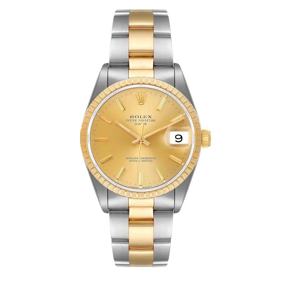 Rolex Date Steel Yellow Gold Baton Dial Oyster Bracelet Mens Watch 15223. Officially certified chronometer self-winding movement. Stainless steel and 18K yellow gold oyster case 34.0 mm in diameter. Rolex logo on a crown. 18K yellow gold fluted