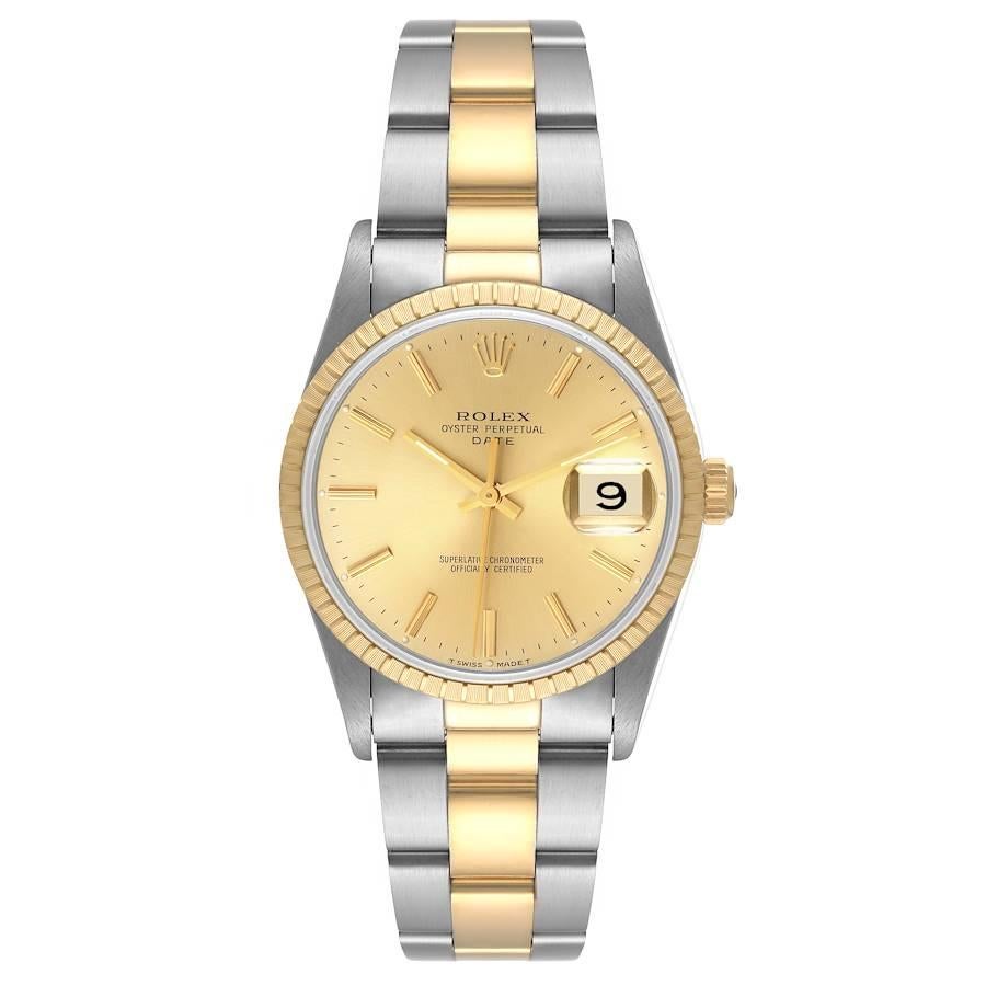 Rolex Date Steel Yellow Gold Baton Dial Oyster Bracelet Mens Watch 15223. Officially certified chronometer self-winding movement. Stainless steel and 18K yellow gold oyster case 34.0 mm in diameter. Rolex logo on a crown. 18K yellow gold fluted