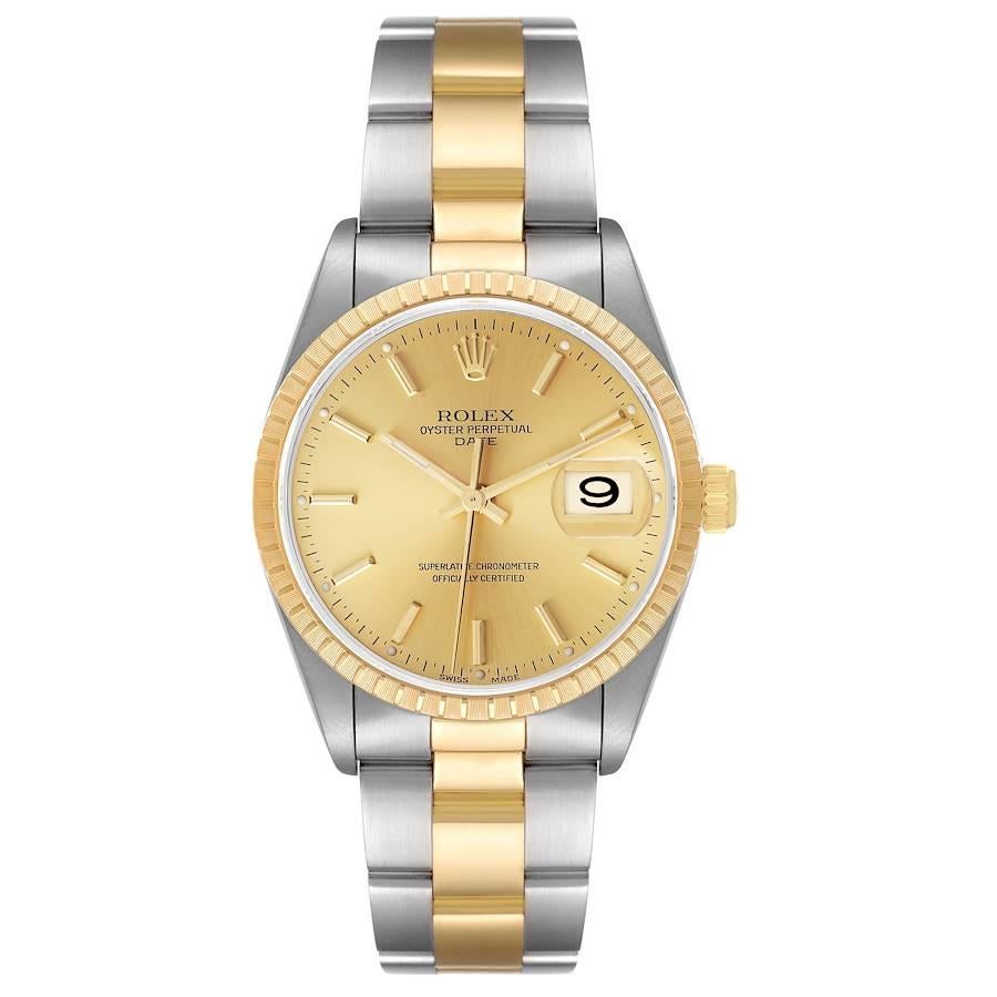 Rolex Date Steel Yellow Gold Baton Dial Oyster Bracelet Mens Watch 15223. Officially certified chronometer self-winding movement. Stainless steel and 18K yellow gold oyster case 34.0 mm in diameter. Rolex logo on a crown. 18K yellow gold fluted