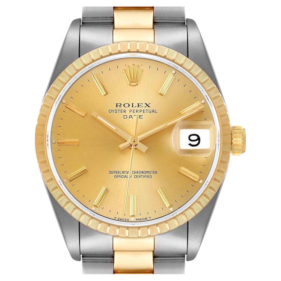 Rolex Date Steel Yellow Gold Baton Dial Oyster Bracelet Mens Watch 15223