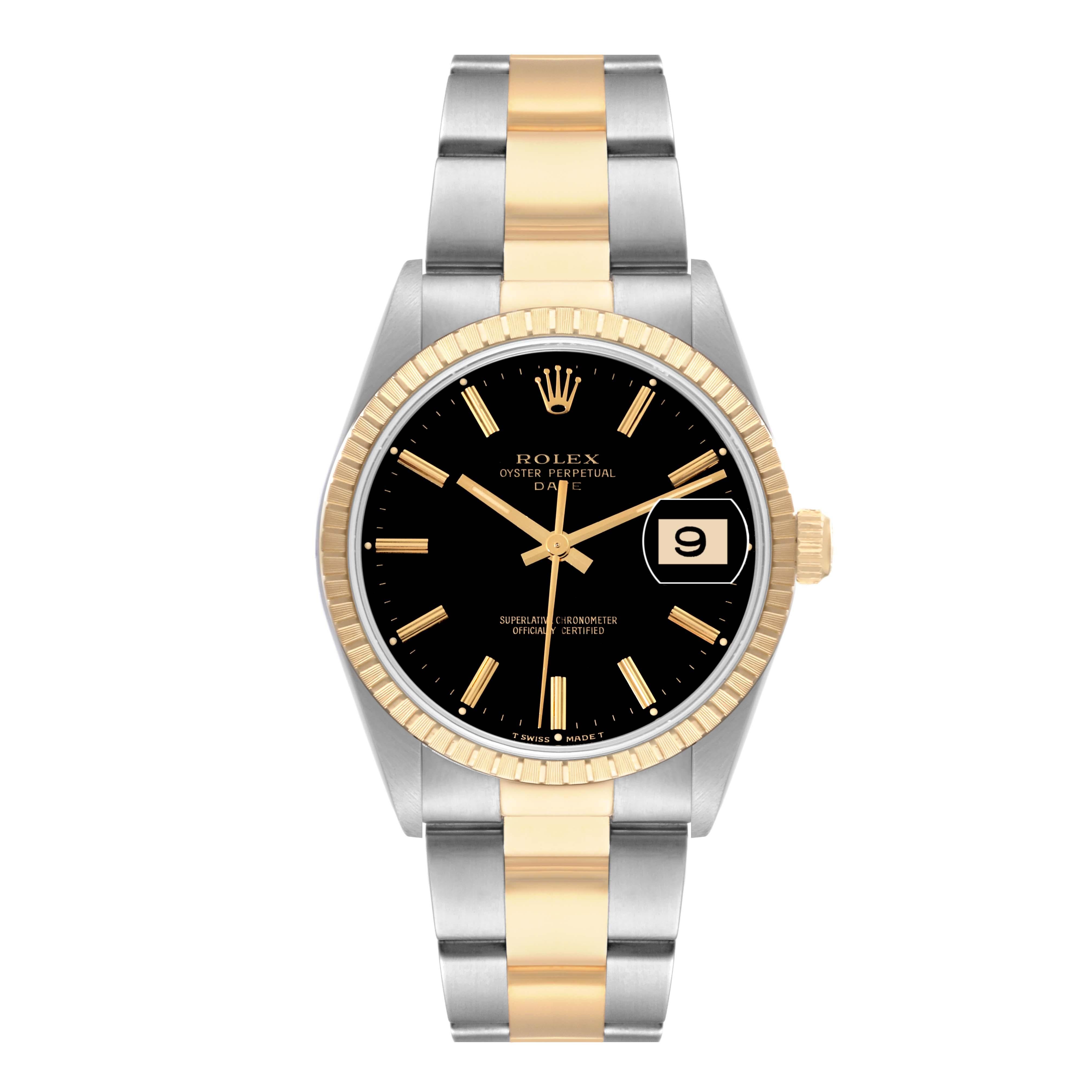 Rolex Date Steel Yellow Gold Black Dial Mens Watch 15223 Box Papers. Officially certified chronometer automatic self-winding movement. Stainless steel and 18K yellow gold oyster case 34.0 mm in diameter. Rolex logo on the crown. 18K yellow gold