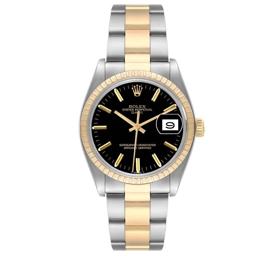 Rolex Date Steel Yellow Gold Black Dial Vintage Mens Watch 1500. Officially certified chronometer self-winding movement. Stainless steel oyster case 34.0 mm in diameter. Rolex logo on a crown. 18k yellow gold fluted bezel. Acrylic crystal with