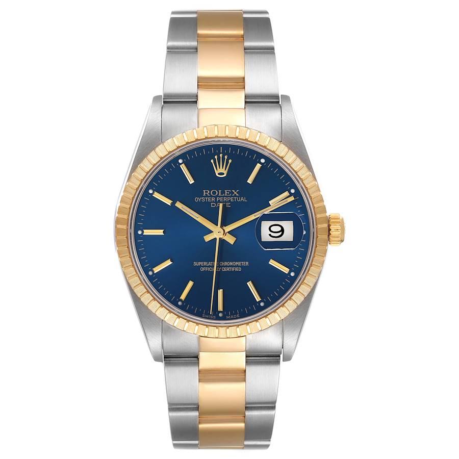 Rolex Date Steel Yellow Gold Blue Dial Mens Watch 15223 Box Papers. Officially certified chronometer automatic self-winding movement. Stainless steel and 18K yellow gold oyster case 34.0 mm in diameter. Rolex logo on the crown. 18K yellow gold
