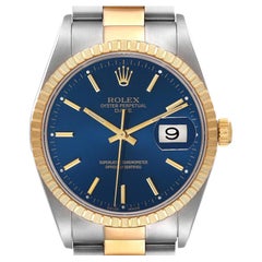Rolex Date Steel Yellow Gold Blue Dial Mens Watch 15223 Box Papers
