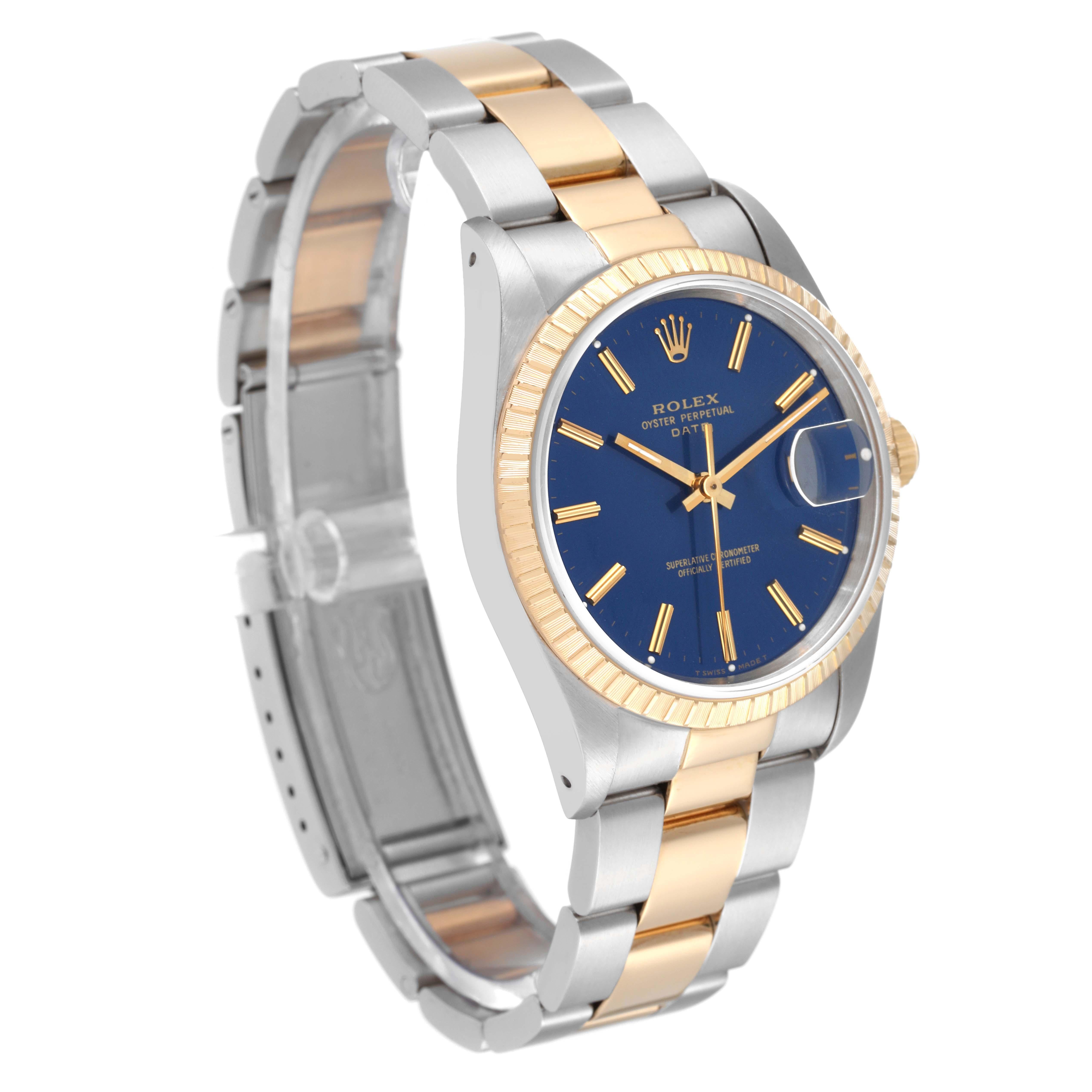 Rolex Date Stahl Gelbgold Blaues Zifferblatt Herrenuhr 15223 im Zustand „Hervorragend“ in Atlanta, GA