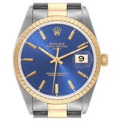 Rolex Date Steel Yellow Gold Blue Dial Mens Watch 15223