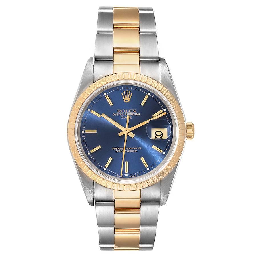 Rolex Date Steel Yellow Gold Blue Dial Oyster Bracelet Mens Watch 15223. Officially certified chronometer self-winding movement. Stainless steel and 18K yellow gold oyster case 34.0 mm in diameter. Rolex logo on a crown. 18K yellow gold fluted
