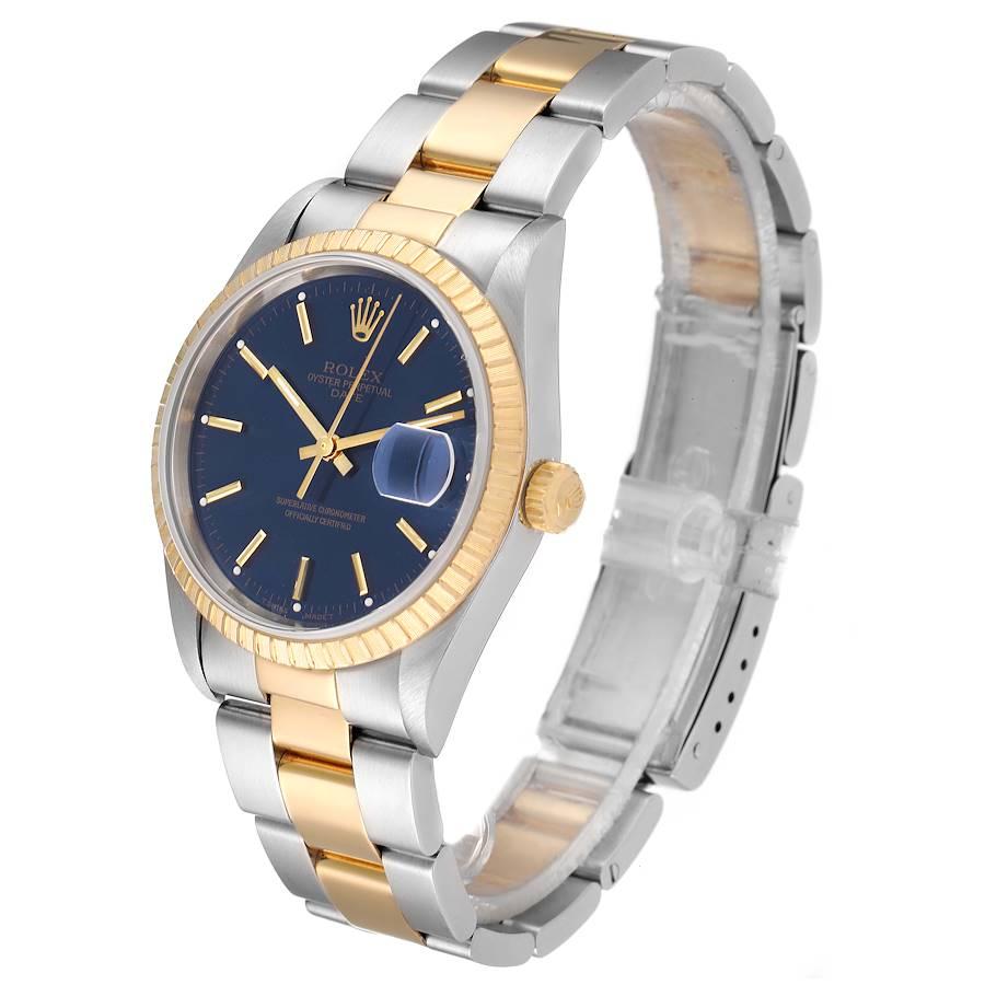 Men's Rolex Date Steel Yellow Gold Blue Dial Oyster Bracelet Mens Watch 15223