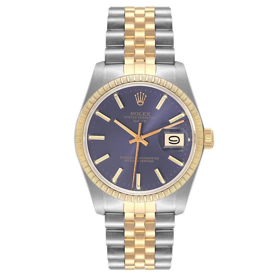 Rolex Date Steel Yellow Gold Blue Dial Vintage Mens Watch 1505. Officially certified chronometer self-winding movement. Stainless steel and yellow gold round oyster case 34 mm in diameter. Rolex logo on the crown. Yellow gold engine turned bezel.