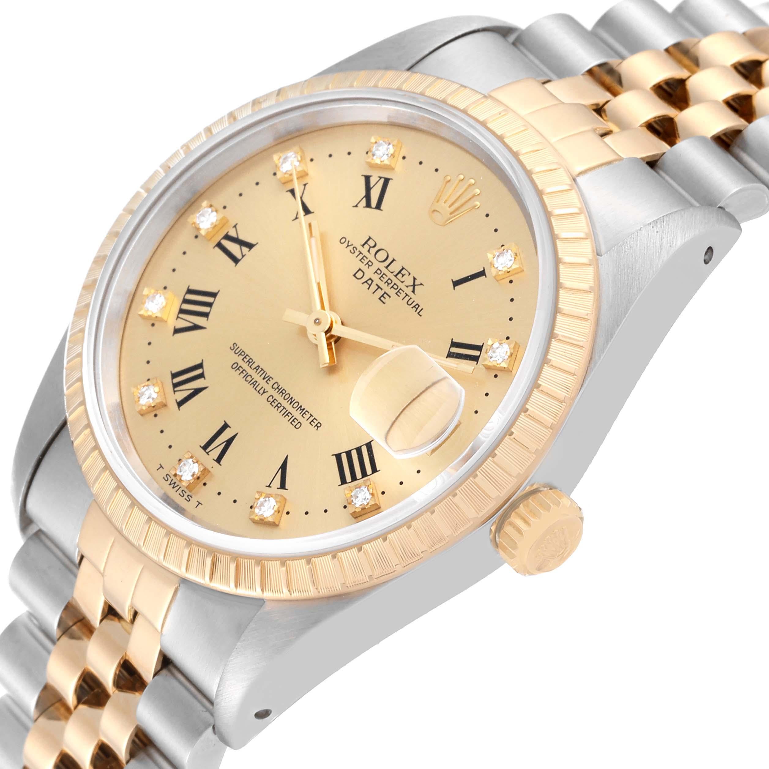 Rolex Date Steel Yellow Gold Diamond Dial Engine Turned Bezel Mens Watch 15223. Officially certified chronometer automatic self-winding movement. Stainless steel and 18K yellow gold oyster case 34.0 mm in diameter. Rolex logo on the crown. 18K