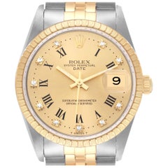 Rolex Date Steel Yellow Gold Diamond Dial Engine Turned Bezel Mens Watch 15223